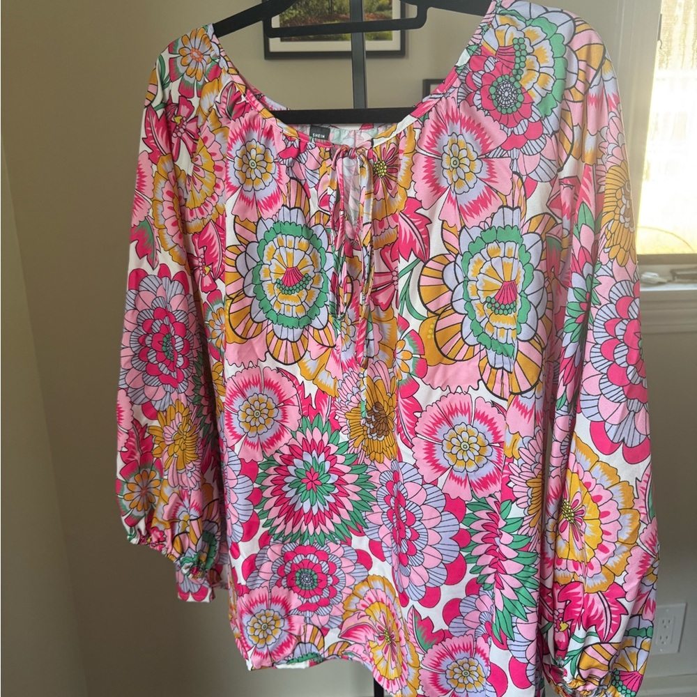 SHEIN Colorful Floral Blouse - Pink and Multicolor